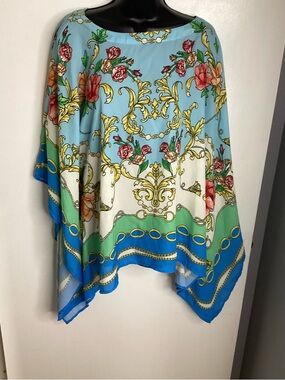 Belle by Kim Kravel Floral Baroque High Status Poncho Top Marina Blue L